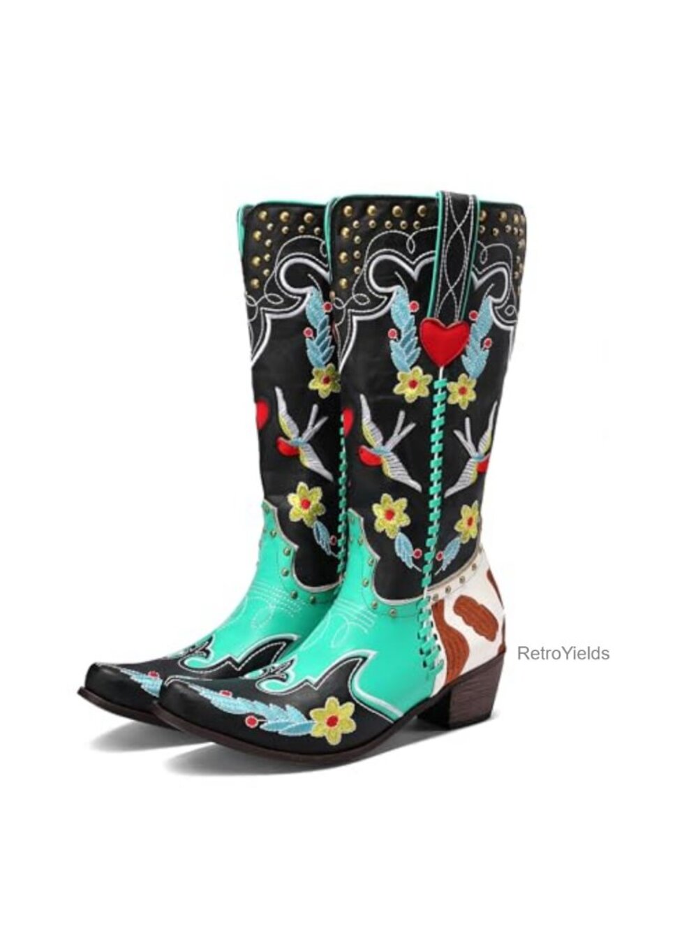 Swallow Floral Embroidered Cowgirl Boots Chunky Low Heel Western Knee High